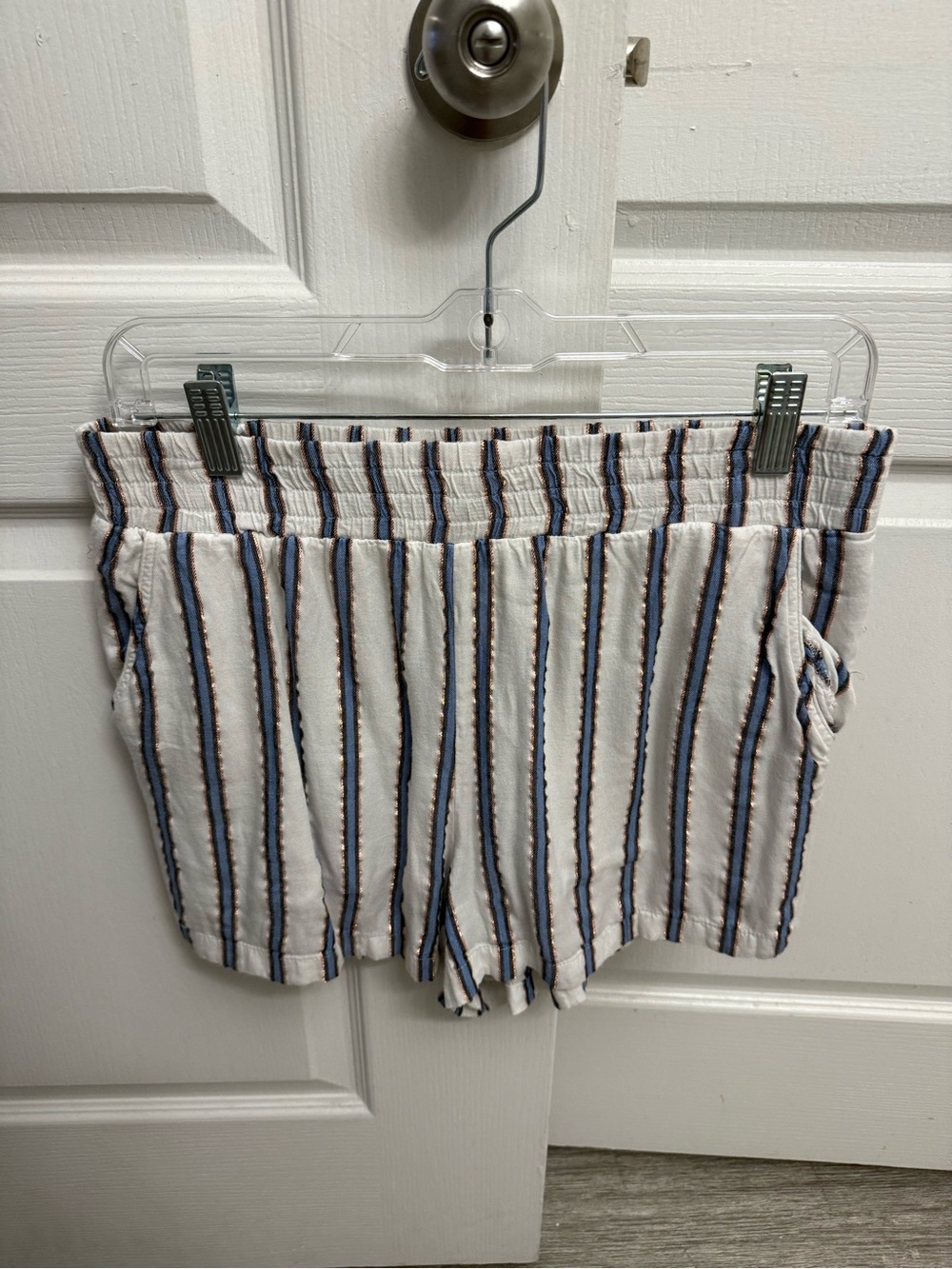 Copper Key White High-Waist Striped Shorts with Blue & Brown Stripes